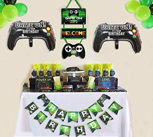PIXHOTUL Suministros para Fiestas de Videojuegos Happy Birthday Gaming Banner, Decoración Colgante de Bienvenida y Globos Temáticos de Jugador de 32 Piezas para Fiesta de Cumpleaños de Niños