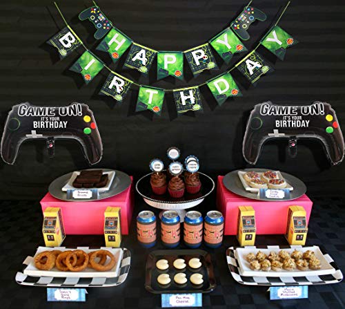 PIXHOTUL Suministros para Fiestas de Videojuegos Happy Birthday Gaming Banner, Decoración Colgante de Bienvenida y Globos Temáticos de Jugador de 32 Piezas para Fiesta de Cumpleaños de Niños