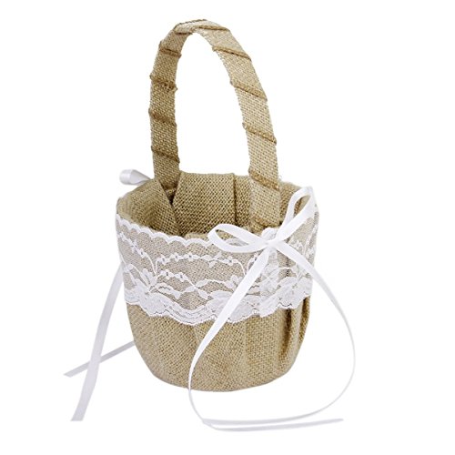 PIXNOR - Cesta de niña de flor + cojín almohada para anillo de boda de tela de yute y encaje