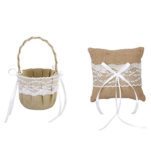 PIXNOR - Cesta de niña de flor + cojín almohada para anillo de boda de tela de yute y encaje