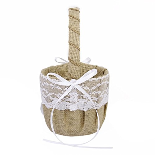 PIXNOR - Cesta de niña de flor + cojín almohada para anillo de boda de tela de yute y encaje