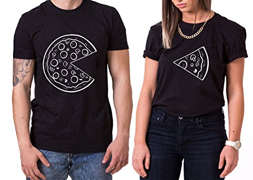 Pizza King Queen Partnerlook Camiseta de los Pares Dulce para Parejas como Regalos, Größe2:S;Partner Shirts:Damen T-Shirt Schwarz