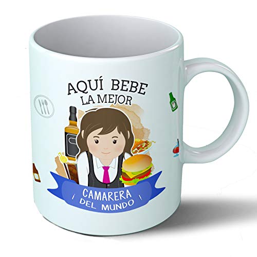 Planetacase Taza Desayuno Aquí Bebe la Mejor Camarera del Mundo Regalo Original Restaurante Bar Ceramica 330 mL