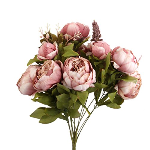 Plantas Flores de Peonía Hoja Ramo de Novia Artificial Seda Decoración Boda Casa Color Rosa Oscura