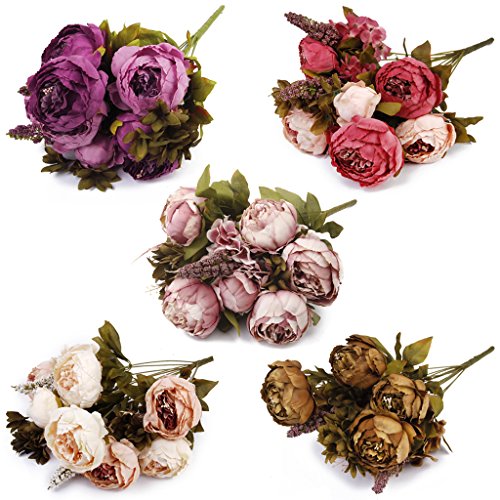 Plantas Flores de Peonía Hoja Ramo de Novia Artificial Seda Decoración Boda Casa Color Rosa Oscura