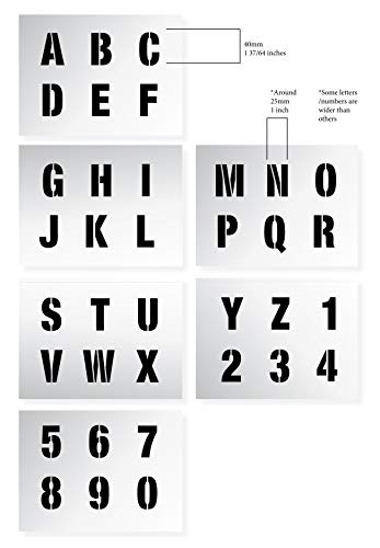 Plantilla Letras – 4 cm de altura – Alphabet y Números 0-9, Moderno Mayúsculas – en 6 hojas de 200 x 148mm