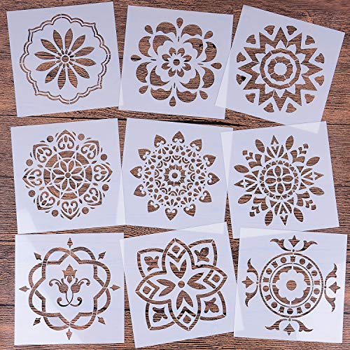 Plantilla reutilizable Mandala de 9 (6 x 6 pulgadas) para pintar plantillas, plantilla de pintura cortada con láser para bricolaje, decoración de bricolaje, pintura en madera, rocas y paredes arte