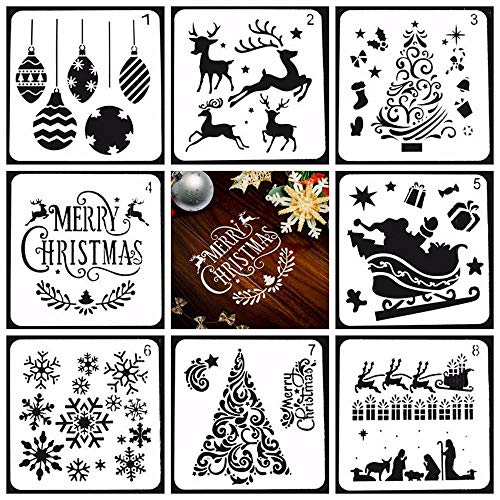 Plantillas de pintura, Plantillas de dibujo de Navidad, 8 pcs. Diferentes juegos de plantillas de escalas plásticas de estilo navideño con Feliz Navidad para bricolaje Pintura