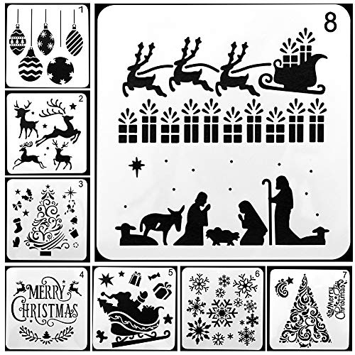 Plantillas de pintura, Plantillas de dibujo de Navidad, 8 pcs. Diferentes juegos de plantillas de escalas plásticas de estilo navideño con Feliz Navidad para bricolaje Pintura