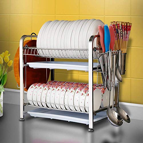 Plato de 2 niveles en rack Material Plato de Desague de cocina Estante de almacenamiento Escurridor con palillos/Cuchillos/corte del soporte for tarjetas Taza Poyo los titulares de servilleteros D