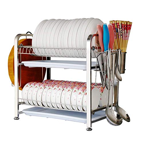 Plato de 2 niveles en rack Material Plato de Desague de cocina Estante de almacenamiento Escurridor con palillos/Cuchillos/corte del soporte for tarjetas Taza Poyo los titulares de servilleteros D