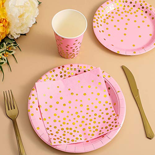 Platos Desechables Fiesta Oro Rosa 150PCS Vajilla Papel Cumpleaños Desechable Incluye Platos Servilletas Vasos Cuchillos Tenedores Banner para Despedida de Soltera,Compromiso,Baby Shower(25 Invitados)