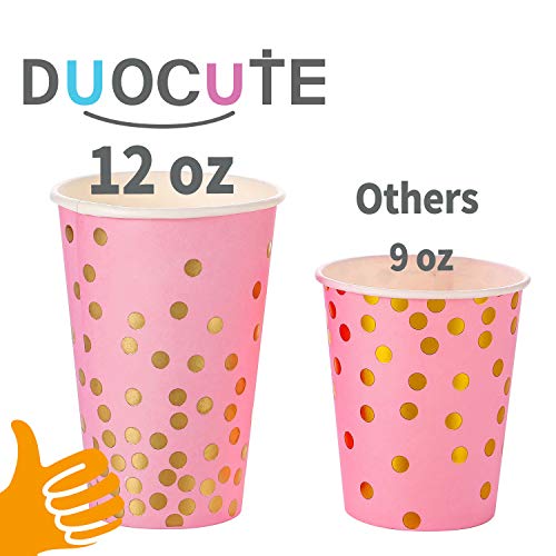 Platos Desechables Fiesta Oro Rosa 150PCS Vajilla Papel Cumpleaños Desechable Incluye Platos Servilletas Vasos Cuchillos Tenedores Banner para Despedida de Soltera,Compromiso,Baby Shower(25 Invitados)