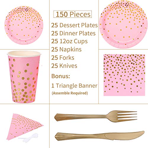 Platos Desechables Fiesta Oro Rosa 150PCS Vajilla Papel Cumpleaños Desechable Incluye Platos Servilletas Vasos Cuchillos Tenedores Banner para Despedida de Soltera,Compromiso,Baby Shower(25 Invitados)