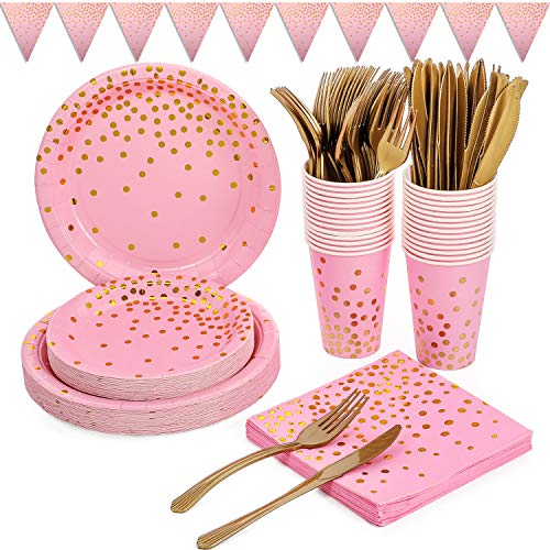 Platos Desechables Fiesta Oro Rosa 150PCS Vajilla Papel Cumpleaños Desechable Incluye Platos Servilletas Vasos Cuchillos Tenedores Banner para Despedida de Soltera,Compromiso,Baby Shower(25 Invitados)