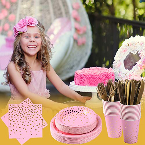 Platos Desechables Fiesta Oro Rosa 150PCS Vajilla Papel Cumpleaños Desechable Incluye Platos Servilletas Vasos Cuchillos Tenedores Banner para Despedida de Soltera,Compromiso,Baby Shower(25 Invitados)