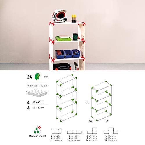 PlayWood Kit de Construcción de 20 piezas en Ángulo Recto, Pinzas de Plástico con Tornillo de Acero Inoxidable, Ideal para Bricolaje, Estantes Modulares de Madera (Rojo) (blanco)
