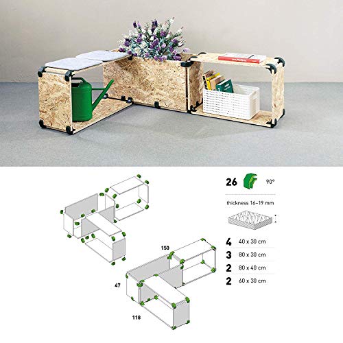 PlayWood Kit de Construcción de 4 Piezas, Pinzas de Plástico con Tornillo de Acero Inoxidable, Grosor Entre 16-19 mm, Ideal para Bricolaje, Estantes Modulares de Madera (90 Grados, Verde)