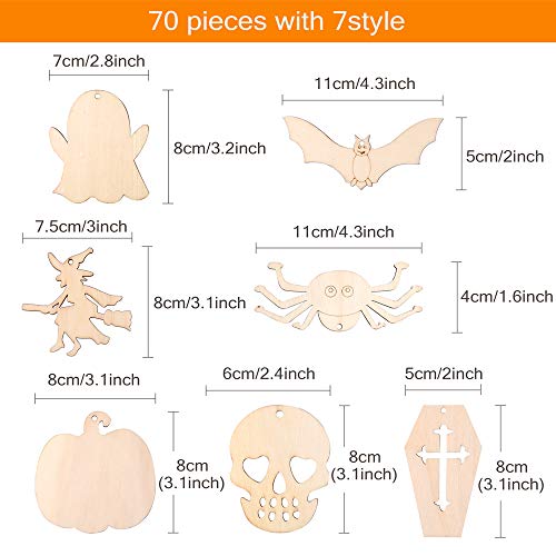 Pllieay - 170 piezas de 15 estilos de Halloween de madera sin terminar adornos de Halloween con cinta, lápices de colores, pegatinas de diamante y plumas para Halloween DIY decoración del hogar