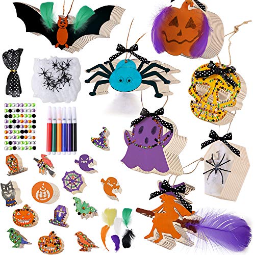 Pllieay - 170 piezas de 15 estilos de Halloween de madera sin terminar adornos de Halloween con cinta, lápices de colores, pegatinas de diamante y plumas para Halloween DIY decoración del hogar