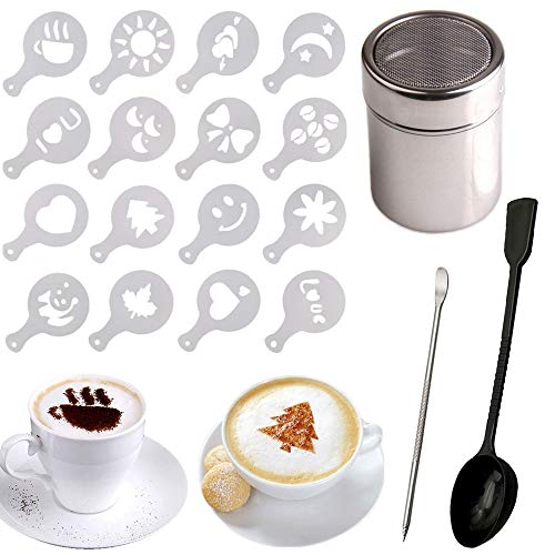 Plumero de acero inoxidable para batidora de chocolate + 16 plantillas de café capuchino Barista + cuchara medidora + bolígrafo de plantillas de arte