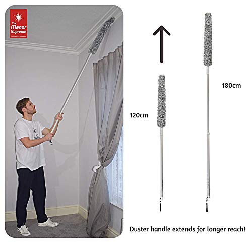 Plumero extensible – Cabeza de microfibra – Mango largo telescópico – Cepillo de plumas flexible lavable para polvo y techos altos – con paño gratis y gancho de almacenamiento autoadhesivo – por TMS