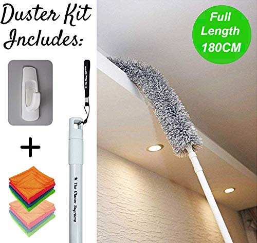 Plumero extensible – Cabeza de microfibra – Mango largo telescópico – Cepillo de plumas flexible lavable para polvo y techos altos – con paño gratis y gancho de almacenamiento autoadhesivo – por TMS