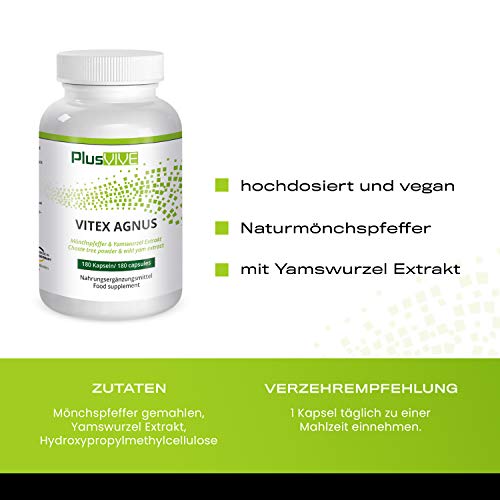 Plusvive - Vitex agnus-castus con extracto de ñame silvestre, 180 cápsulas (250 mg)