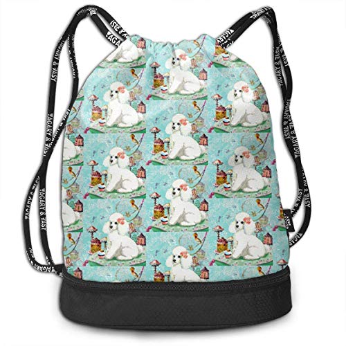 PmseK Mochila con Cordón,Bolsas de Gimnasia, Drawstring Bag White Poodle Cupcake Shoulder Bags Travel Sport Gym Bag Print - Yoga Runner Daypack Shoe Bags with Zipper and Pockets