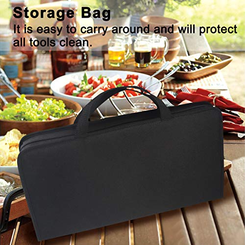 POLIGO 13 Piezas Accesorios de Barbecue Acero Inoxidable y pajitas de Metal Kit en Bolsa - Conjunto de espátula de Plancha con Mango de Madera - Ideal para cocinar en la Parrilla Camping Teppanyaki
