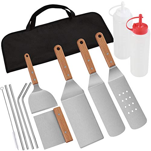 POLIGO 13 Piezas Accesorios de Barbecue Acero Inoxidable y pajitas de Metal Kit en Bolsa - Conjunto de espátula de Plancha con Mango de Madera - Ideal para cocinar en la Parrilla Camping Teppanyaki