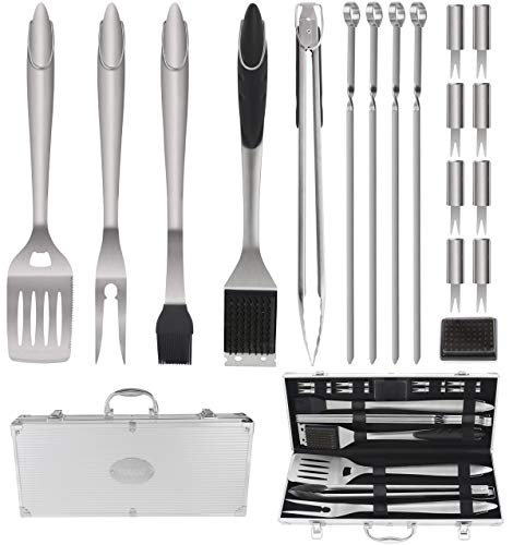 POLIGO 19 Piezas Set Barbacoa Utensilios con Estuche de Aluminio para Camping - Prima Extra Grueso Acero Inoxidable Kit Barbacoa Accesorios Parrilla Navidad cumpleaños para Hombres