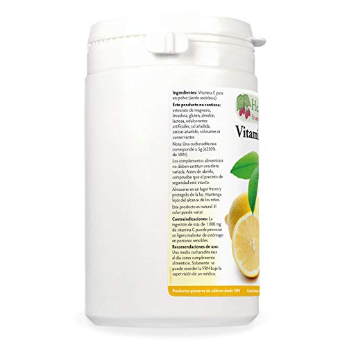 Polvo de vitamina C pura (ácido ascórbico), Contribuye a mantener el funcionamiento normal del sistema inmunitario, Piel y dientes más sanos, Vegano, sin OMGs y libre de gluten, 1 x 240 g