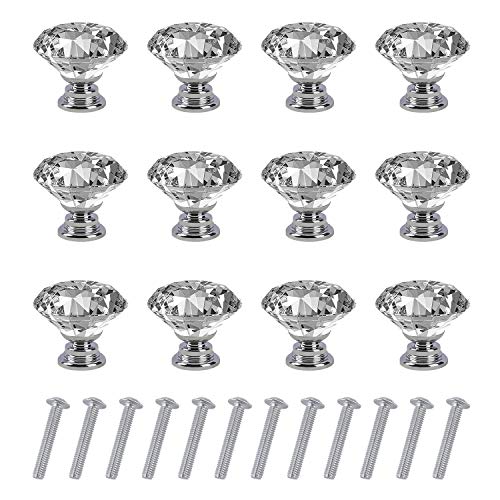 Pomo de Cristal Forma de Diamante Tiradores de Muebles Perilla de la Puerta con Tornillo Perillas Manijas para Armario Cajón Aparador Cocina 12 Piezas 30mm
