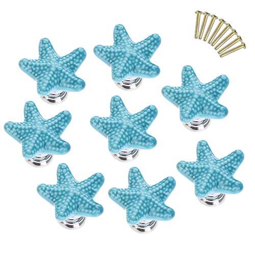 Pomos de Cerámica,JeogYong 8 x Tiradores de Cerámica en Forma de Estrella Tornillo a Juego (Azul)