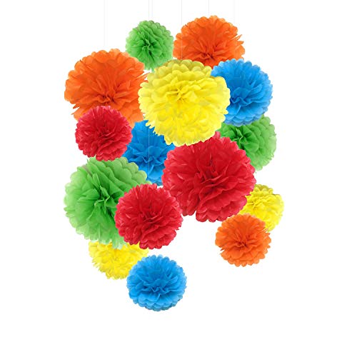 Pompones de papel de seda, flores de papel para decoración de fiestas, decoración de boda y cumpleaños - 15 piezas de 20, 25 y 35 cm (colores arco iris)