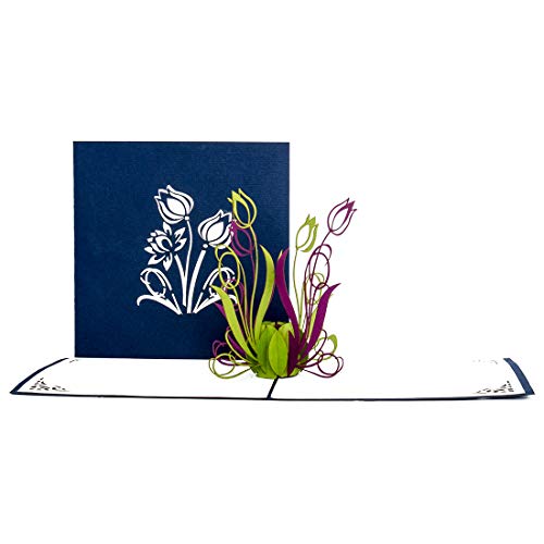 'Pop tarjeta de Up "tulipanes verde & lila – Tarjeta de flores, tarjeta de cumpleaños, cupones, 3d tarjeta – Flor de Pascua de papel, tarjeta de cupones, tarjeta para aniversario, – Tarjetas, dinero regalo Cura, felicitación