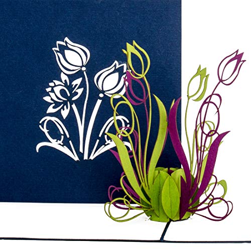 'Pop tarjeta de Up "tulipanes verde & lila – Tarjeta de flores, tarjeta de cumpleaños, cupones, 3d tarjeta – Flor de Pascua de papel, tarjeta de cupones, tarjeta para aniversario, – Tarjetas, dinero regalo Cura, felicitación