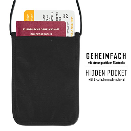 Portadocumentos de Cuello con Bloqueador de RFID – Monedero Colgante Ligero y Plano para Viajes | Cartera hidrófugo y Segura con Mucho Espacio para Dinero, DNI y móvil | Hombre, Mujer, niño