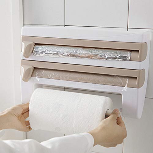 Portarrollos Pared Cocina, Dispensador De Rollos 3 En 1 Cortador De Película Adhesiva Servilleta Soporte De Papel De Rollo Cortador De Lámina Para Bordes De Corte Lisos, Toallero (Caqui)