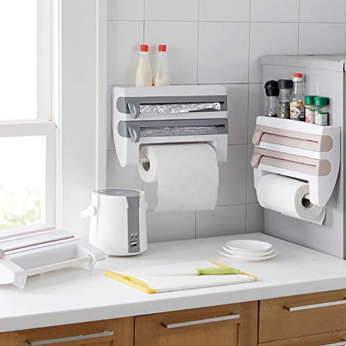 Portarrollos Pared Cocina, Dispensador De Rollos 3 En 1 Cortador De Película Adhesiva Servilleta Soporte De Papel De Rollo Cortador De Lámina Para Bordes De Corte Lisos, Toallero (Caqui)