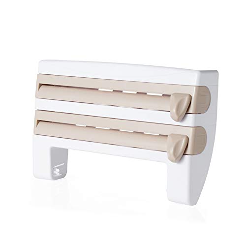 Portarrollos Pared Cocina, Dispensador De Rollos 3 En 1 Cortador De Película Adhesiva Servilleta Soporte De Papel De Rollo Cortador De Lámina Para Bordes De Corte Lisos, Toallero (Caqui)