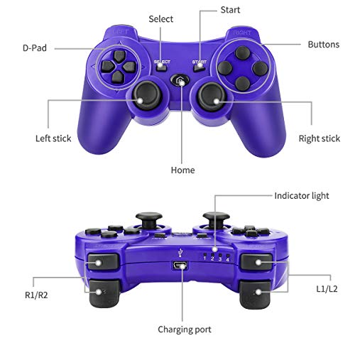Powcan Mando Inalámbrico PS3, Bluetooth PS3 Gamepad Controller Doble vibración Mando a Distancia Joystick para Playstation 3 y PC Windows 7/8/9/10 con Cable de Carga USB (Azul 1)
