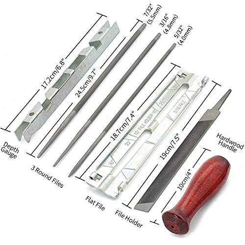 Poweka Afilador de Cadena Kit de Afilado de Motosierra Profesional con Limas de 5/32 3/16 7/32, Mango, Calibrador, Guía, Bolsa de Herramientas, 5.5 Pulgadas Cuña de Corte