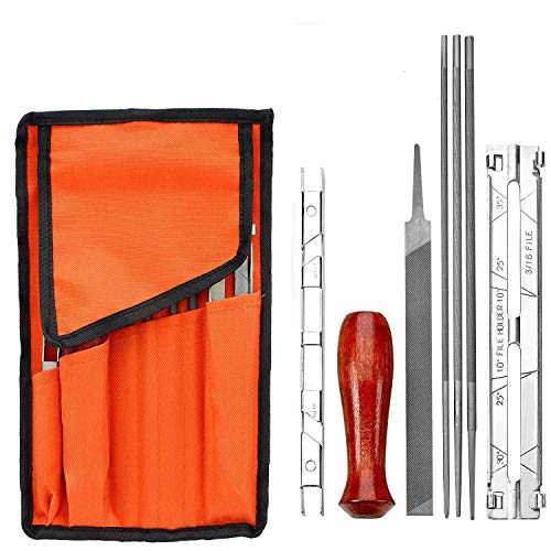 Poweka Afilador de Cadena Kit de Afilado de Motosierra Profesional con Limas de 5/32 3/16 7/32, Mango, Calibrador, Guía, Bolsa de Herramientas, 5.5 Pulgadas Cuña de Corte