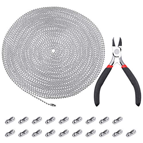 PP OPOUNT Cadena de bolas de acero inoxidable de 2,4 mm, cadena de bolas de 80 cm, cadena ajustable de metal, cadena de extensión con cuentas con conector a juego y 1 alicates de joyería