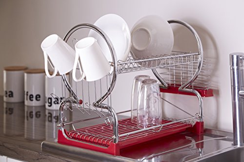 Premier Housewares - Escurridor de Platos de 2 Pisos (con Bandeja extraíble Color Rojo), Cromado