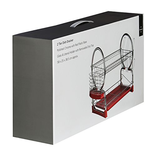 Premier Housewares - Escurridor de Platos de 2 Pisos (con Bandeja extraíble Color Rojo), Cromado