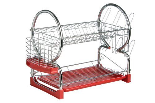 Premier Housewares - Escurridor de Platos de 2 Pisos (con Bandeja extraíble Color Rojo), Cromado