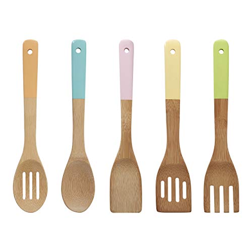 Premier Housewares - Juego de utensilios de cocina con asas en tono pastel, de bambú, multicolor, bambú, multicolor, 5 piezas